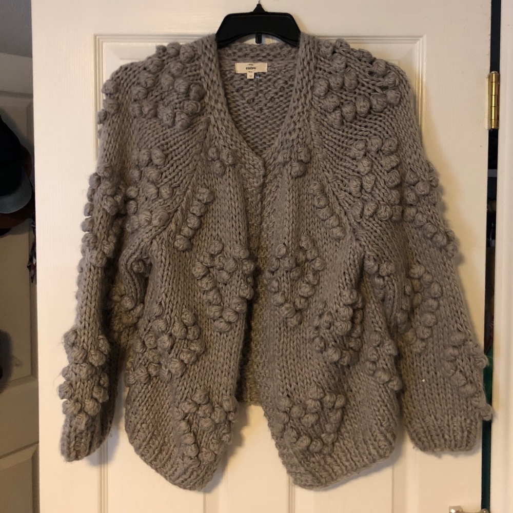 Gray cardigan with heart knit details